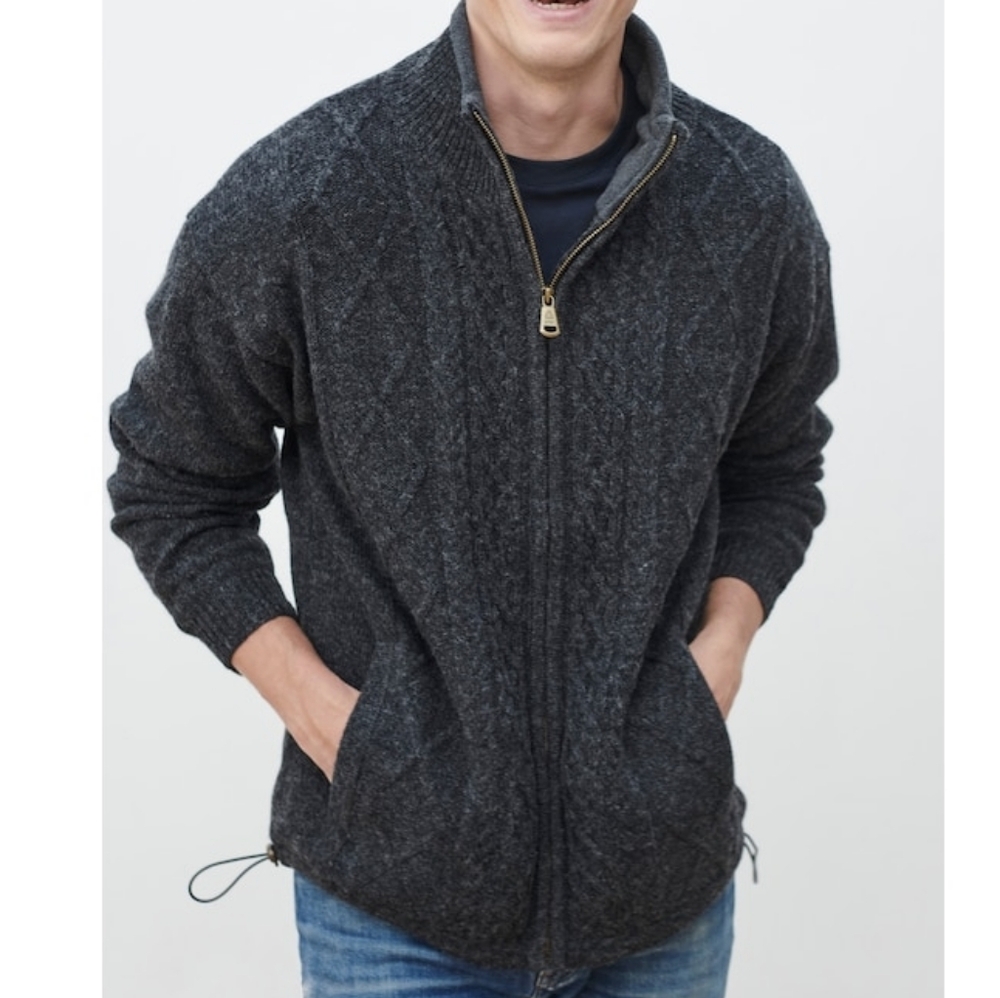 Aran Woollen Mills Mens Full Zip Wool Sweater Jacket Charcoal Medium